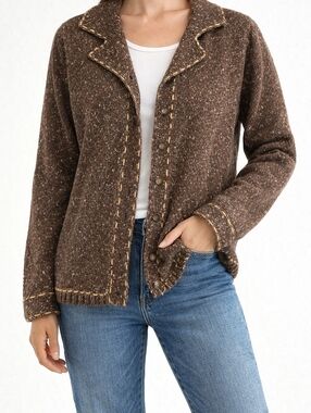 Crazy Horse Brown Tweed Cardigan with Contrast Stitching